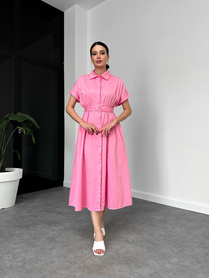 Pembe Kısa Kol Kemerli Poplin Elbise