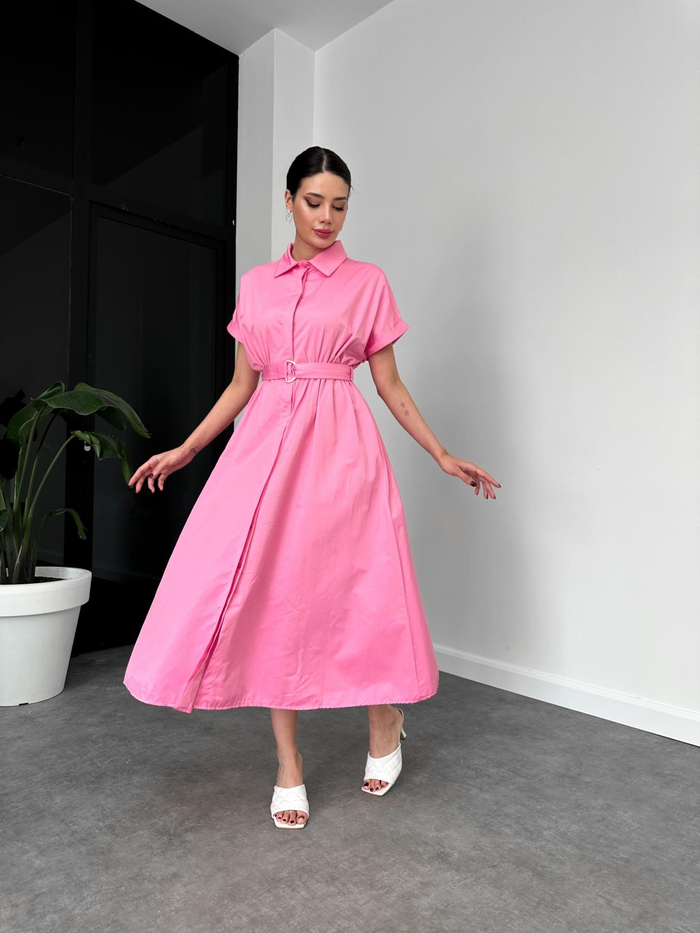 Pembe Kısa Kol Kemerli Poplin Elbise