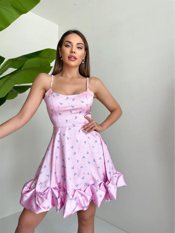 Pembe Kıvrımlı Çiçekli Elbise