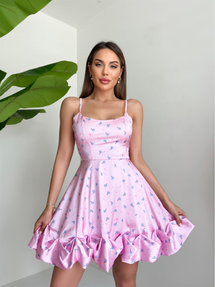 Pembe Kıvrımlı Çiçekli Elbise