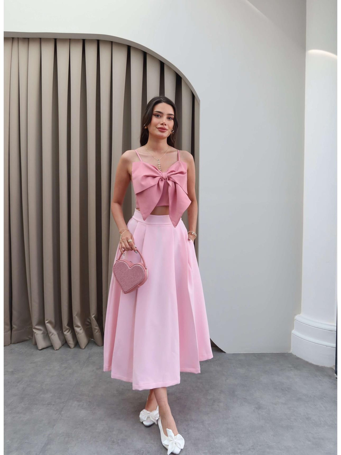 Pembe Kloş Kalın Pilili Midi Etek