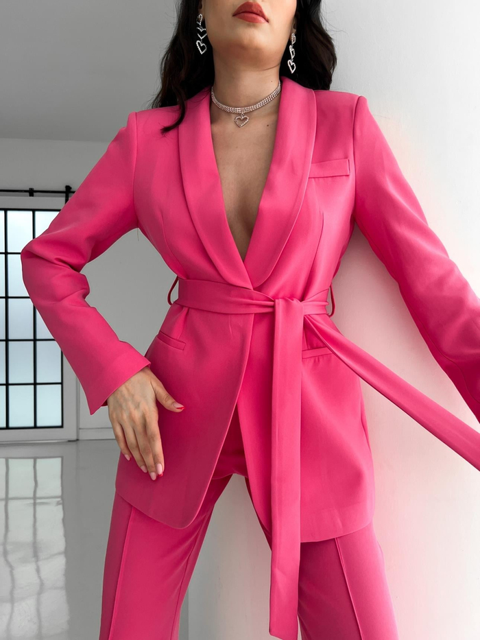 Pembe Kuşaklı Ceket Pantolon Takım