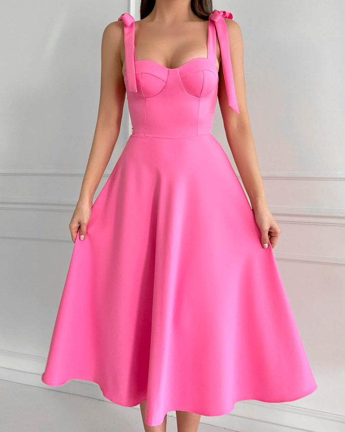 Pembe Omuzdan Bağlamalı Midi Elbise