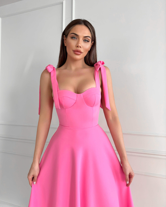 Pembe Omuzdan Bağlamalı Midi Elbise