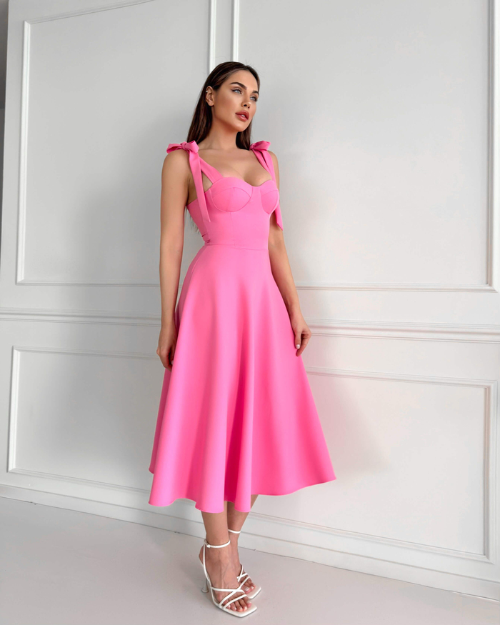 Pembe Omuzdan Bağlamalı Midi Elbise