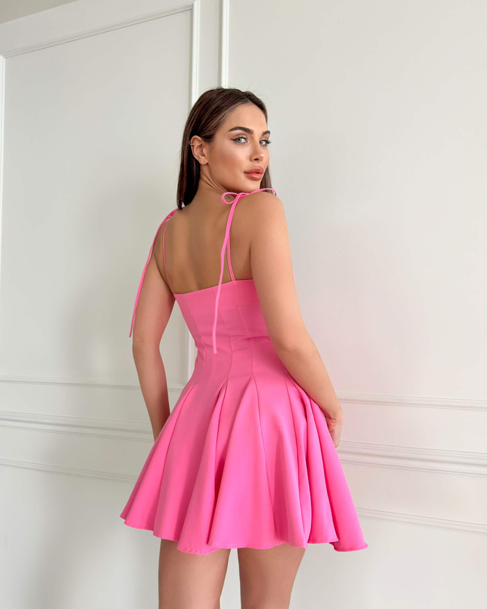 Pembe Omuzdan Bağlı Kloş Mini Elbise