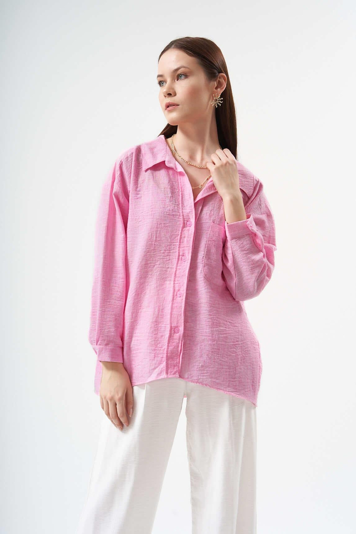 Pembe Oversize Keten Gömlek