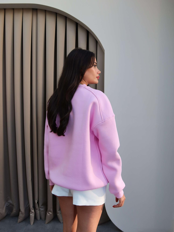 Pembe Oversize Şardonlu Sweatshirt