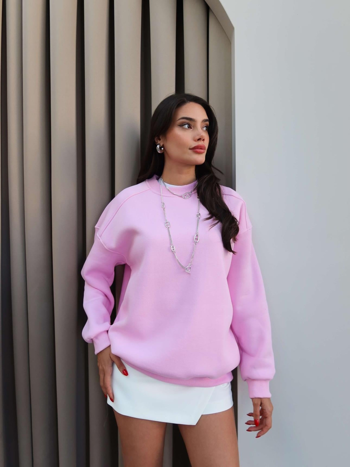 Pembe Oversize Şardonlu Sweatshirt