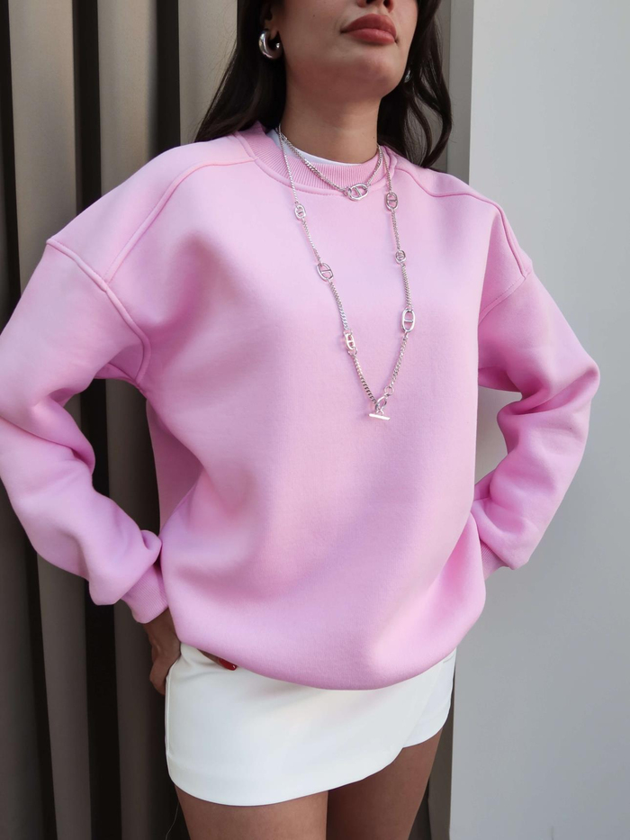 Pembe Oversize Şardonlu Sweatshirt