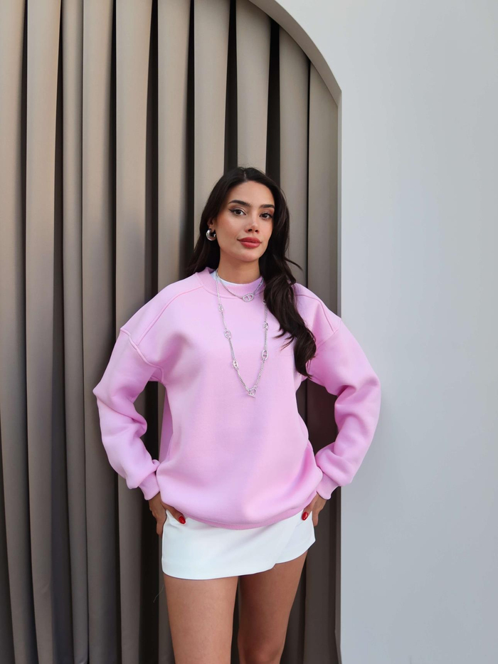Pembe Oversize Şardonlu Sweatshirt