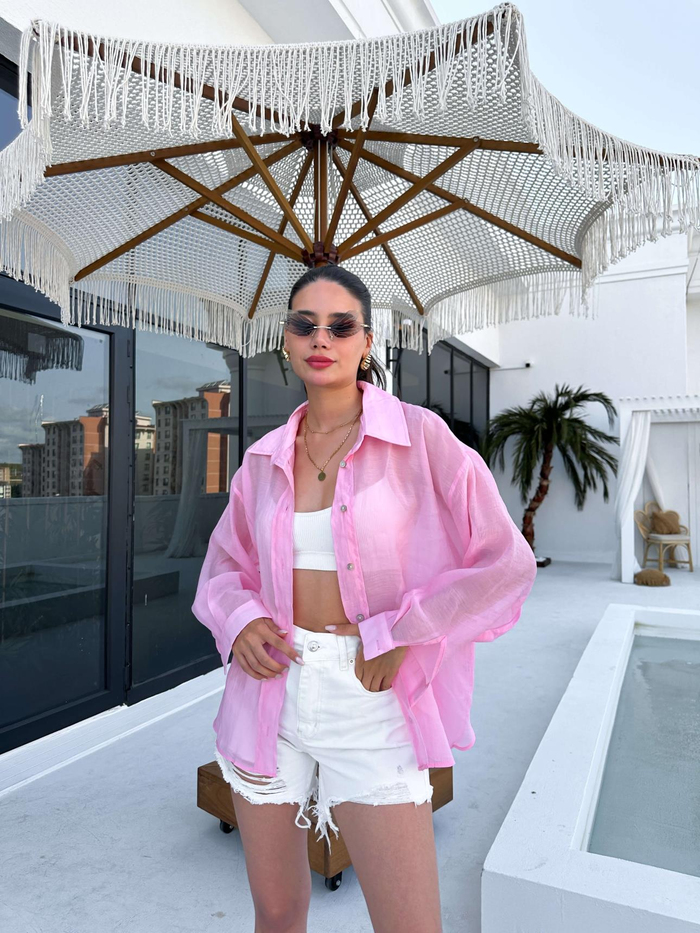 Pembe Oversize Silky Gömlek