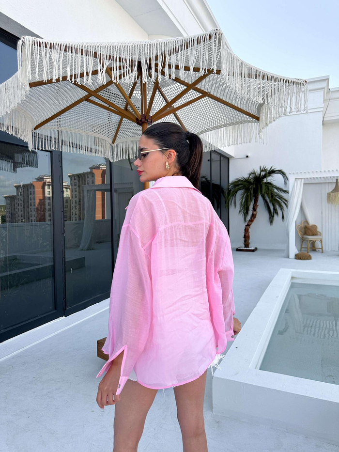 Pembe Oversize Silky Gömlek