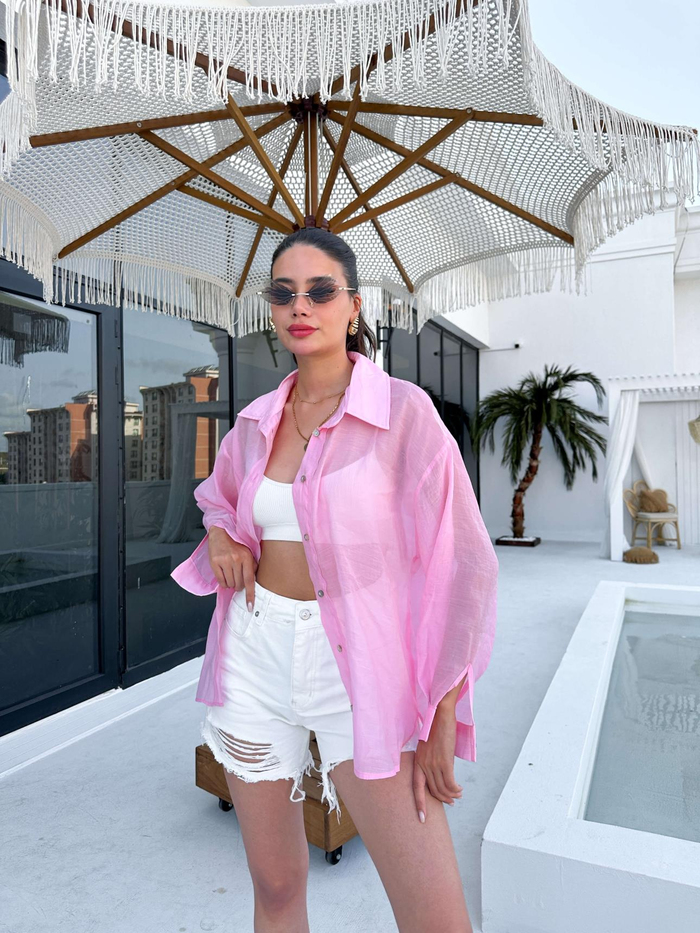 Pembe Oversize Silky Gömlek