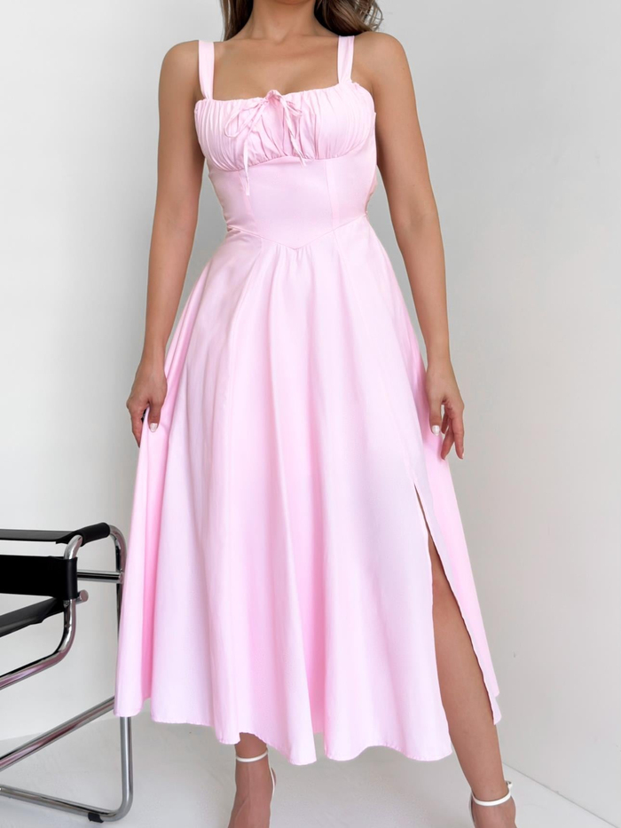 Pembe Poplin Bağcıklı Elbise