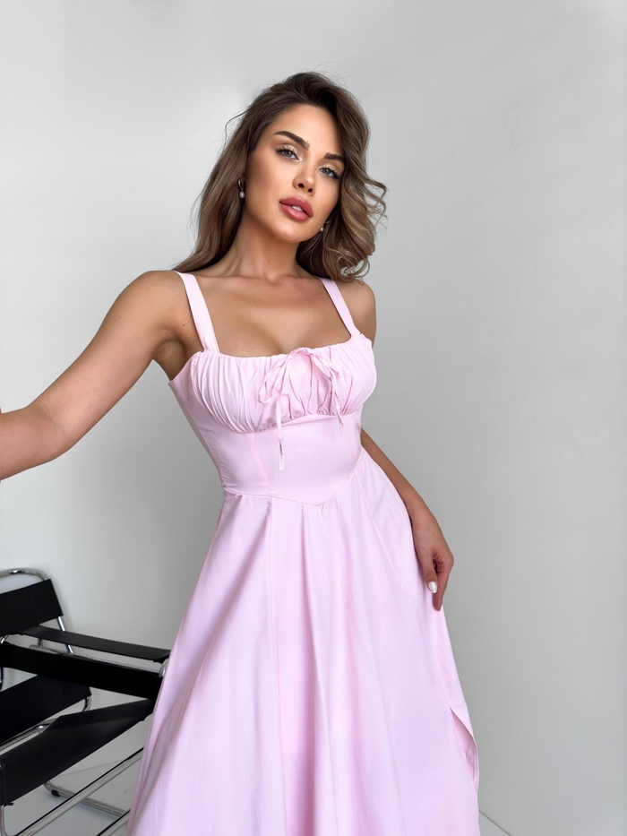 Pembe Poplin Bağcıklı Elbise