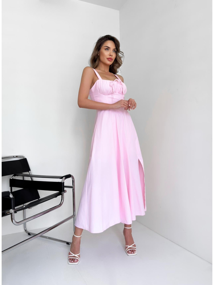 Pembe Poplin Bağcıklı Elbise