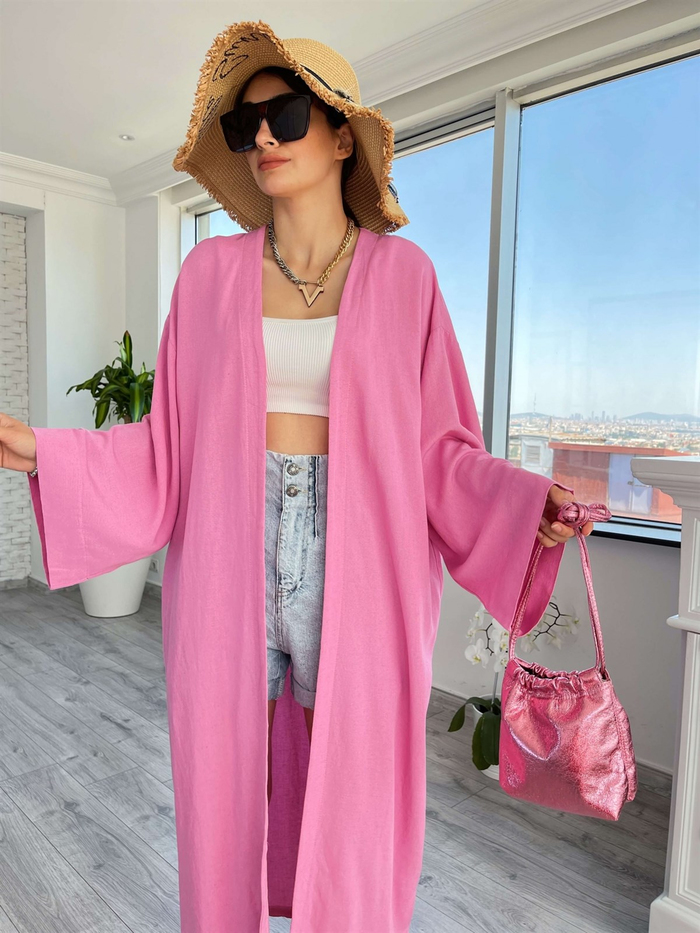 Pembe Sade Keten Kimono