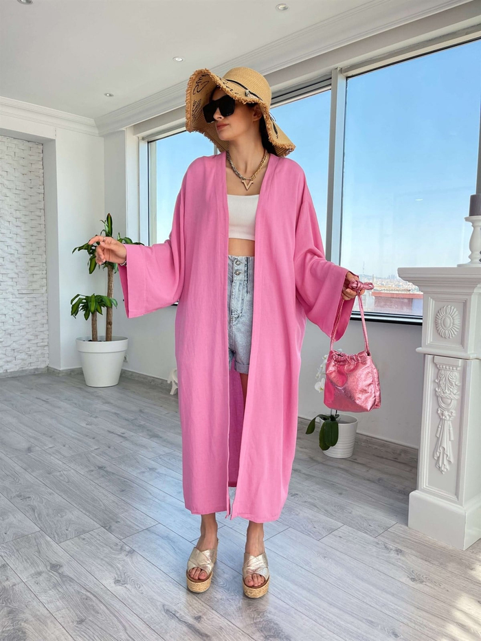 Pembe Sade Keten Kimono