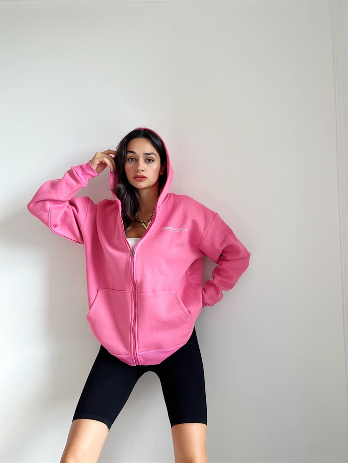 Pembe Şardonlu Kapşonlu Sweat Hırka