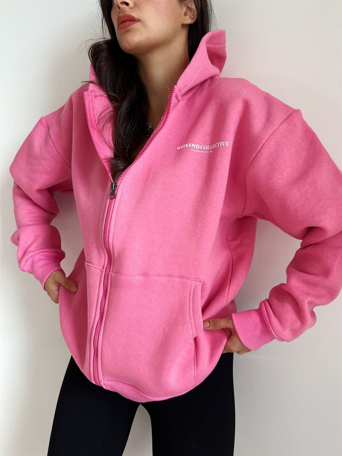 Pembe Şardonlu Kapşonlu Sweat Hırka