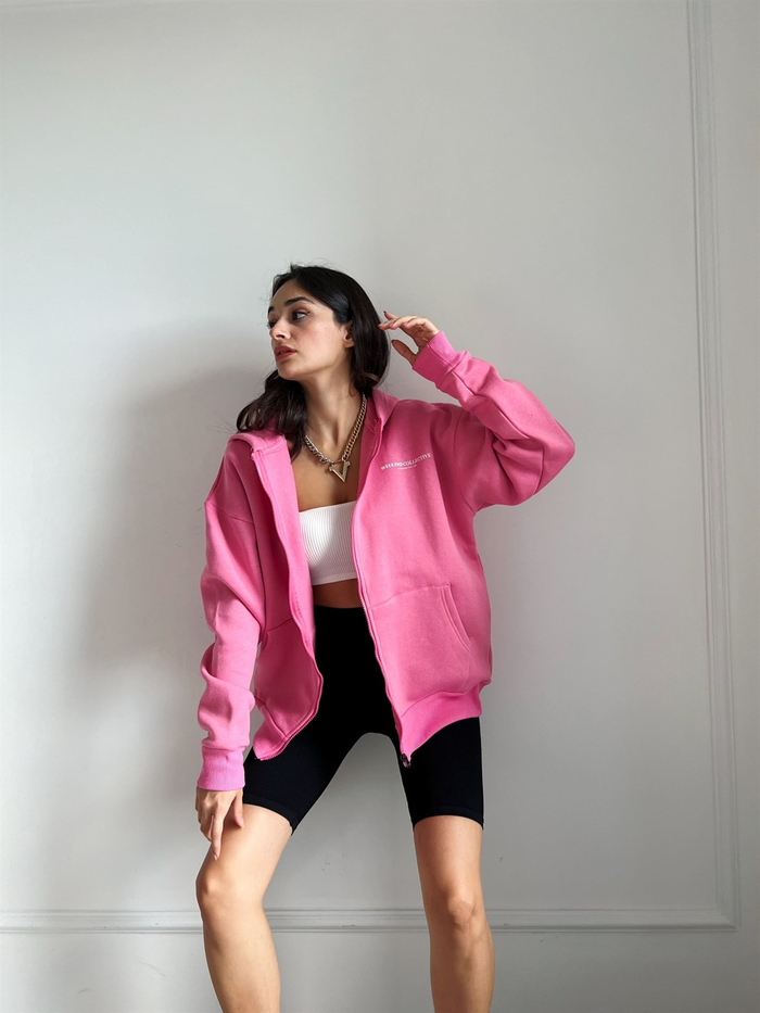 Pembe Şardonlu Kapşonlu Sweat Hırka