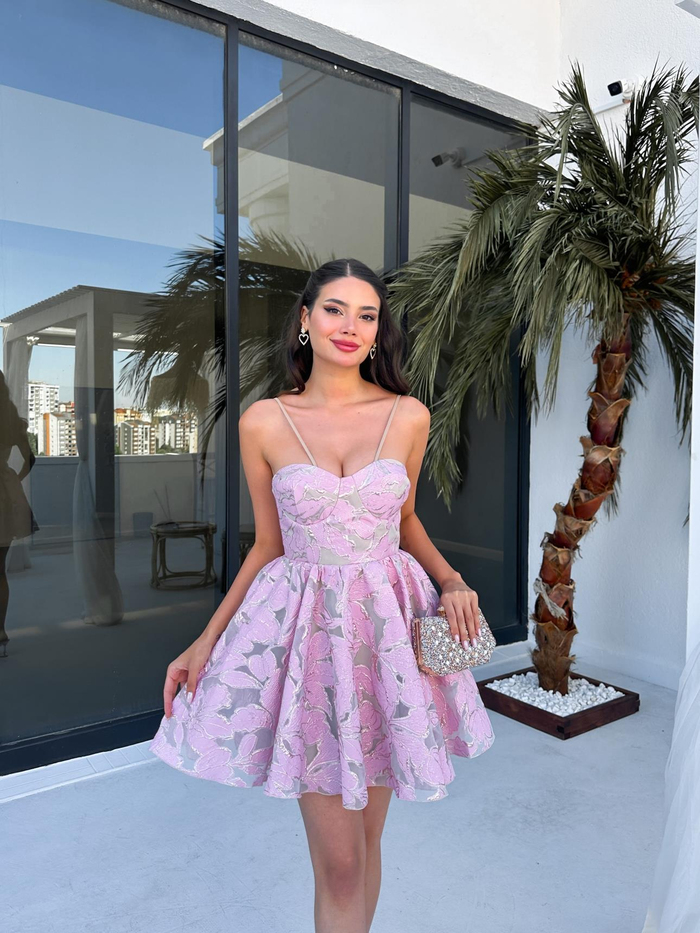 Pembe Simli Mini Elbise