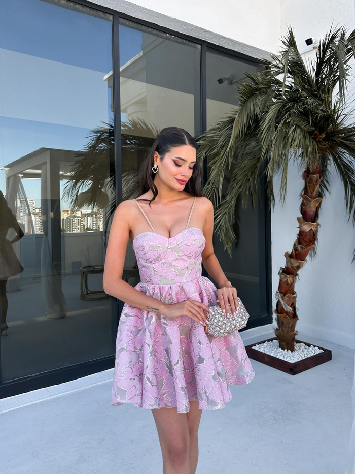Pembe Simli Mini Elbise