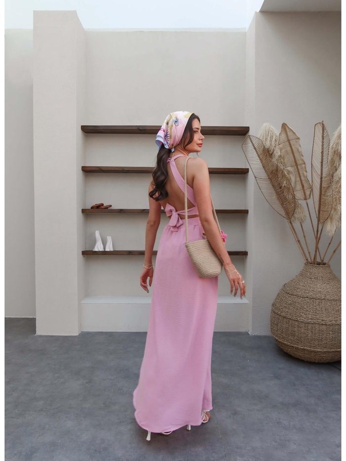 Pembe Sırt Dekolteli Şifon Elbise