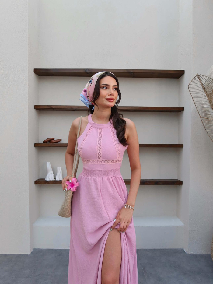 Pembe Sırt Dekolteli Şifon Elbise