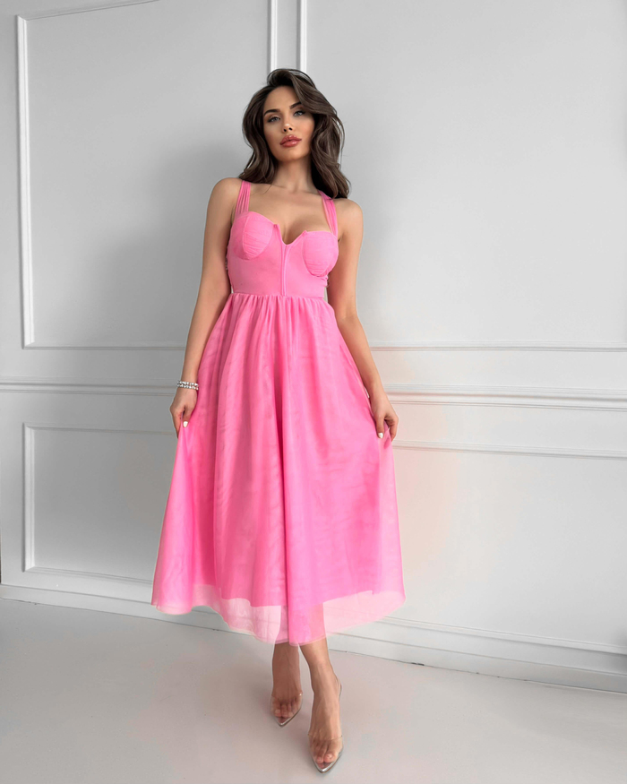 Pembe Sırtı Bağlamalı Dekolte Elbise