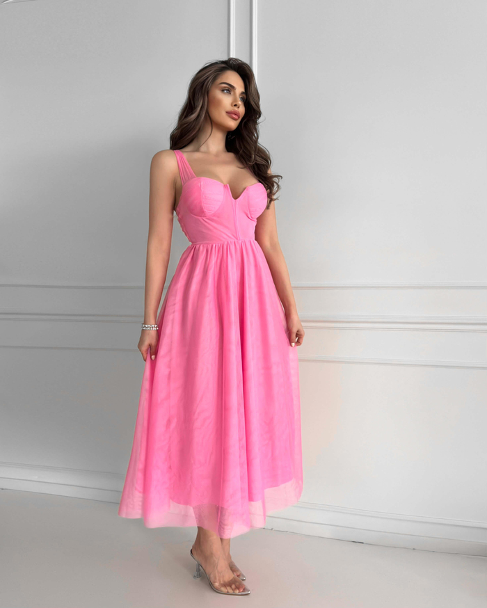 Pembe Sırtı Bağlamalı Dekolte Elbise