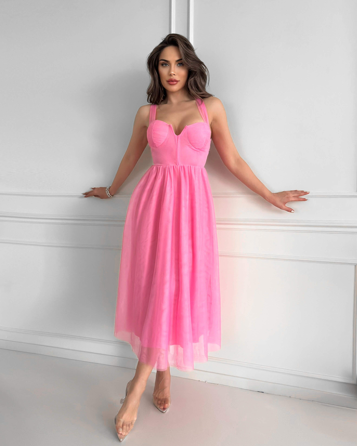 Pembe Sırtı Bağlamalı Dekolte Elbise