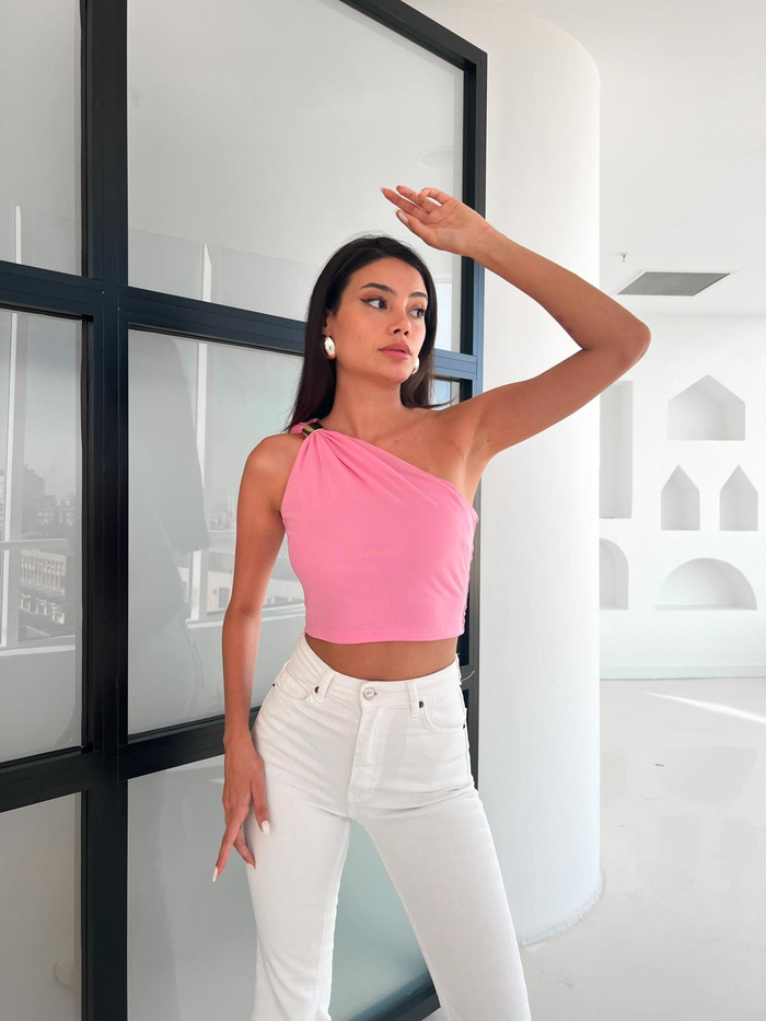 Pembe Tek Kol Tulle Blouse