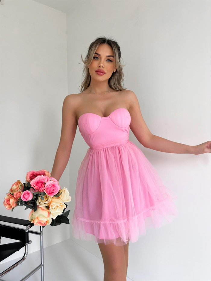 Pembe Tül Dekolte Mini Elbise