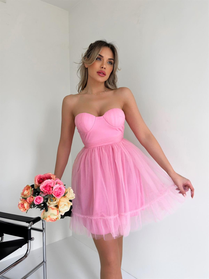 Pembe Tül Dekolte Mini Elbise