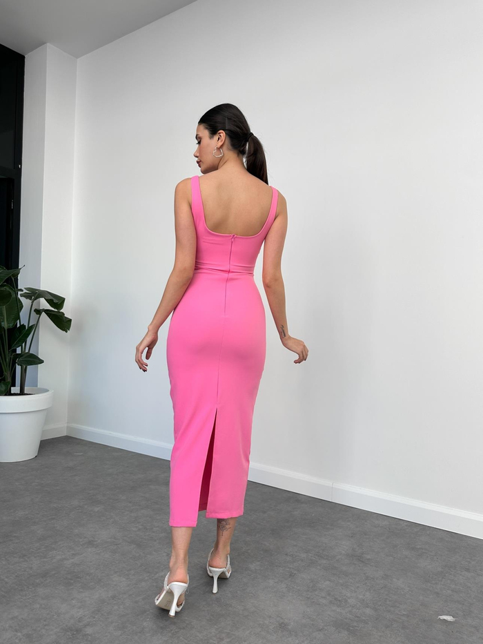 Pembe Vücuda Oturan Midi Elbise