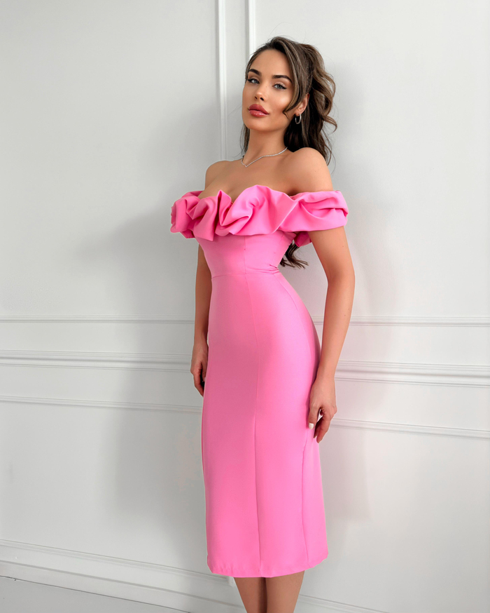 Pembe Yaka Frilly Fitted Elbise