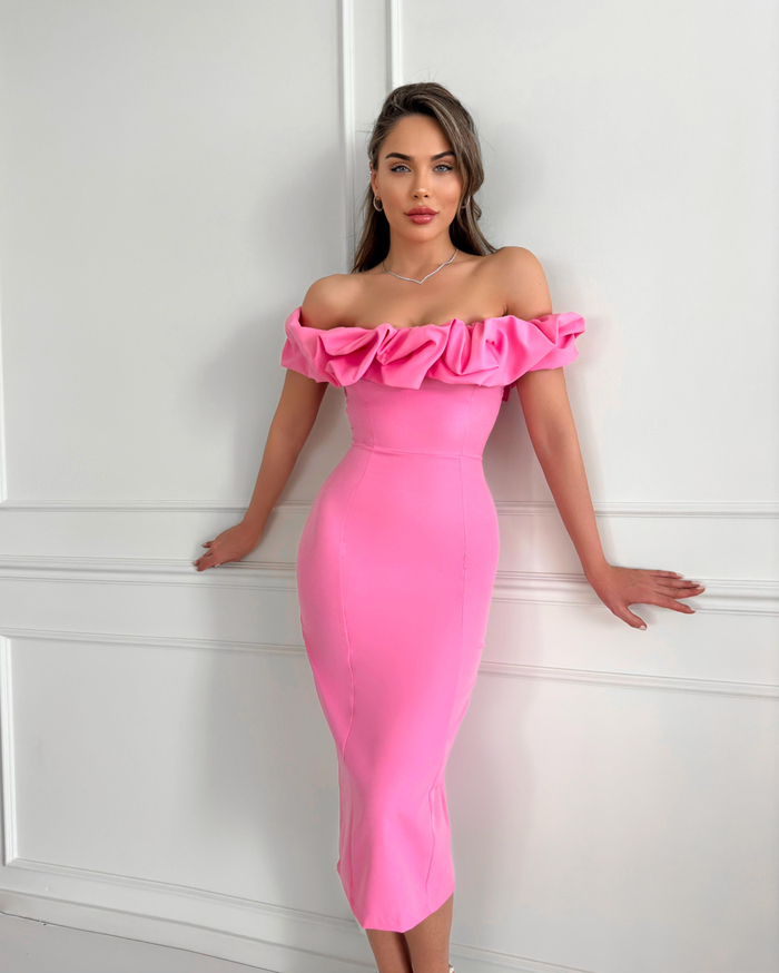 Pembe Yaka Frilly Fitted Elbise