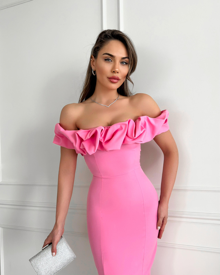 Pembe Yaka Frilly Fitted Elbise