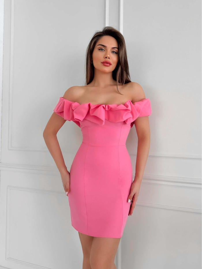Pembe Yaka Frilly Fitted  Mini Elbise