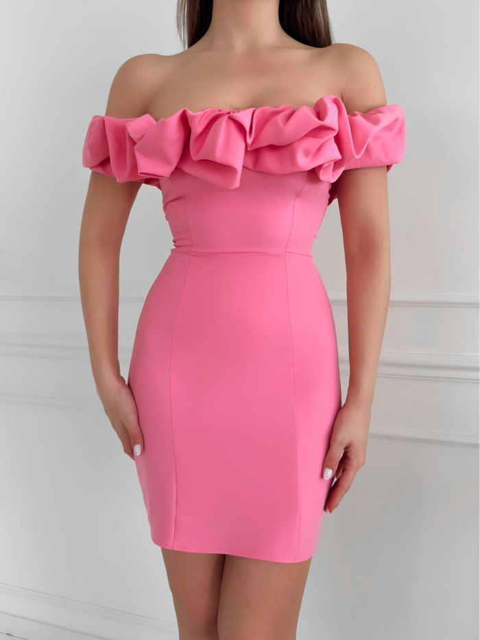 Pembe Yaka Frilly Fitted  Mini Elbise