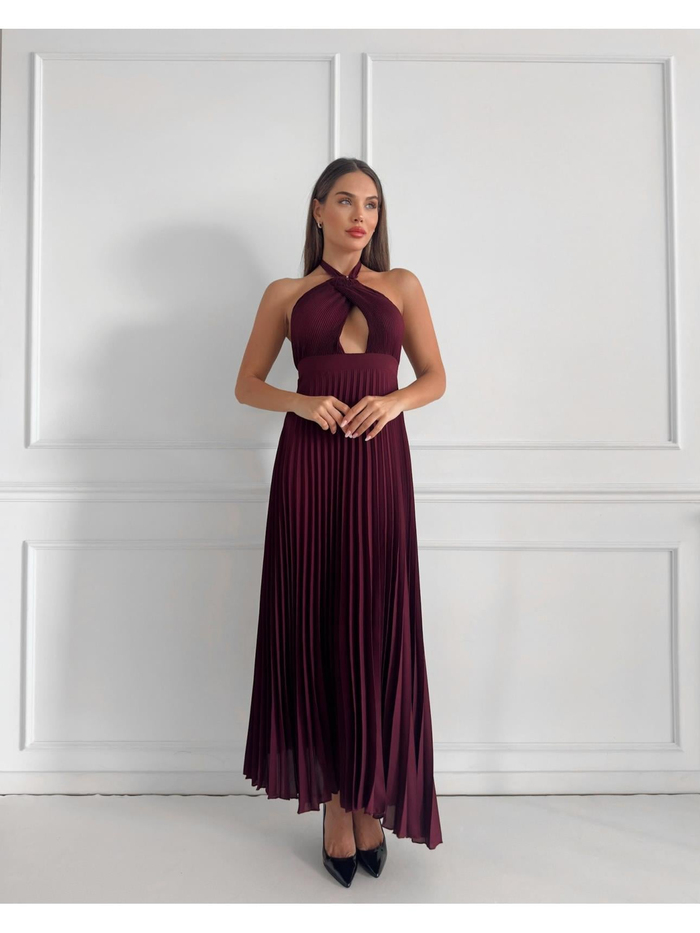 Pencere Detay Piliseli Uzun Elbise