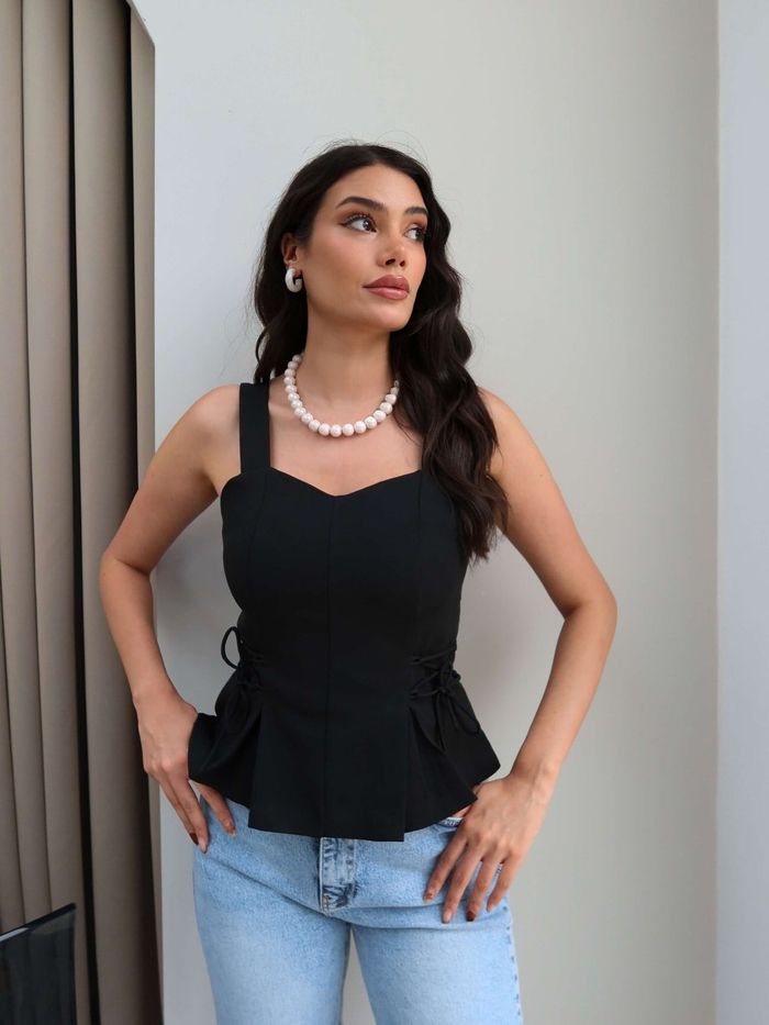 Pileli Bel Bağlamalı Bluz