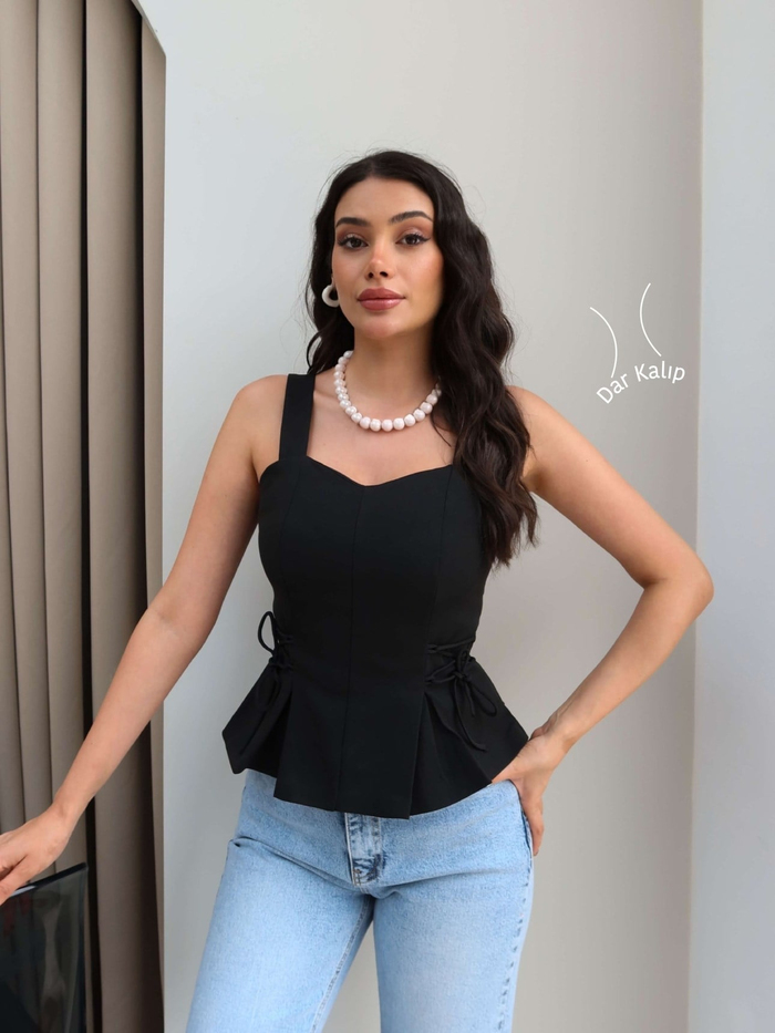 Pileli Bel Bağlamalı Bluz