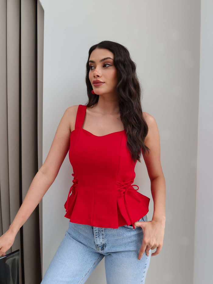 Pileli Bel Bağlamalı Bluz