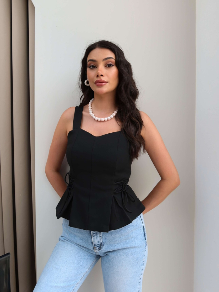 Pileli Bel Bağlamalı Bluz