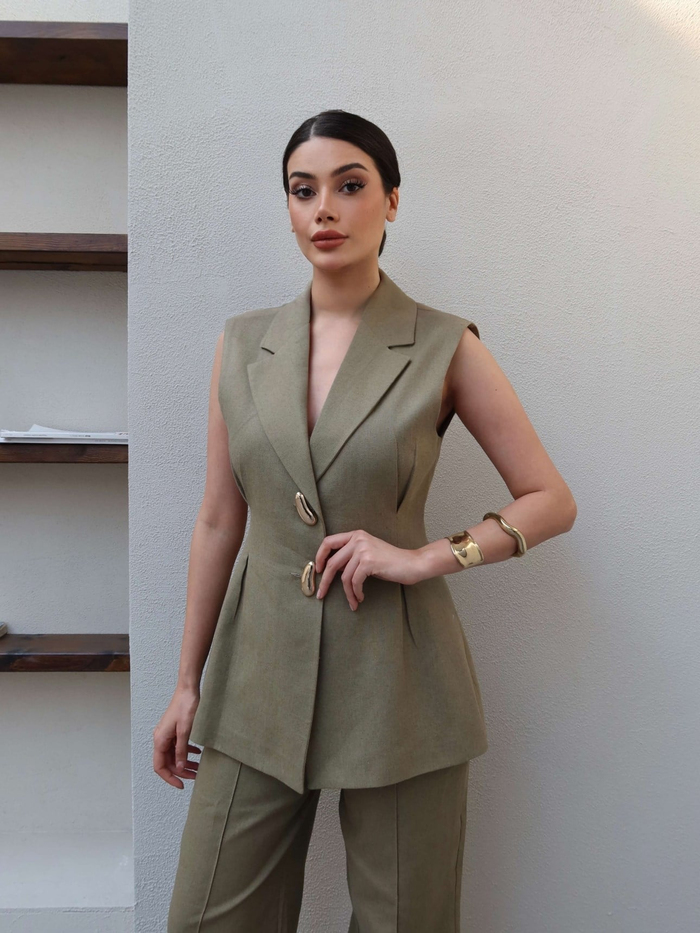 Pileli Keten Yelek Takım