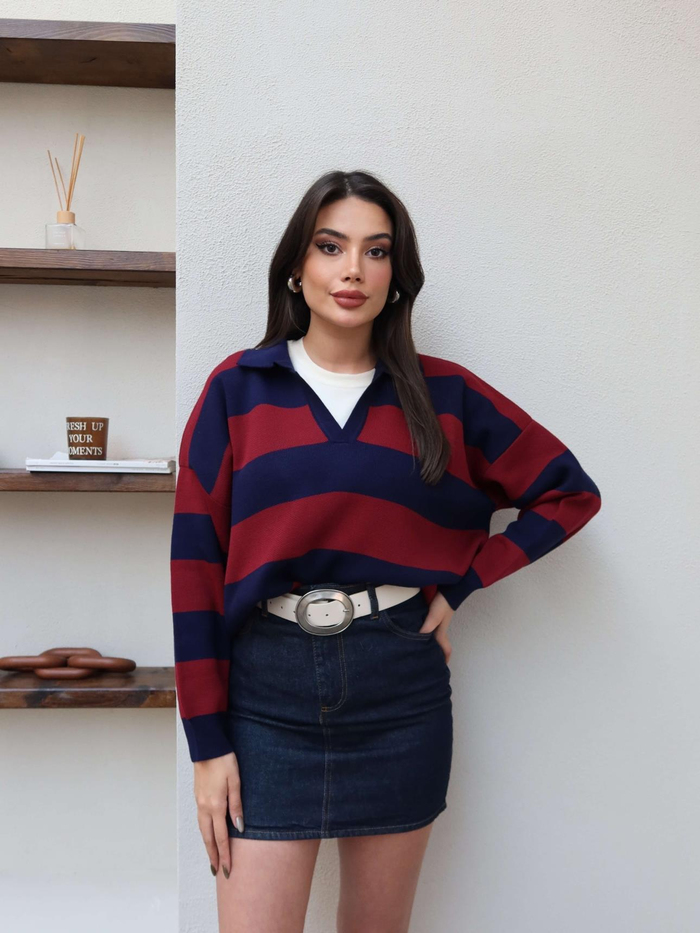 Polo Yaka Çizgili Kazak