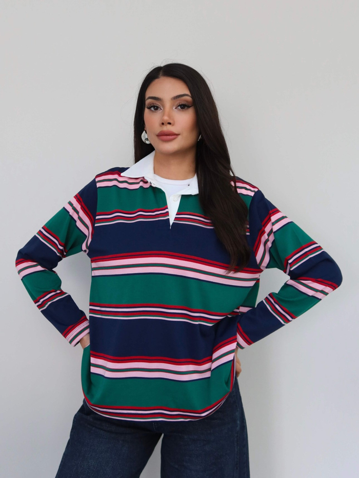 Polo Yaka Kontrast Çizgili Bluz